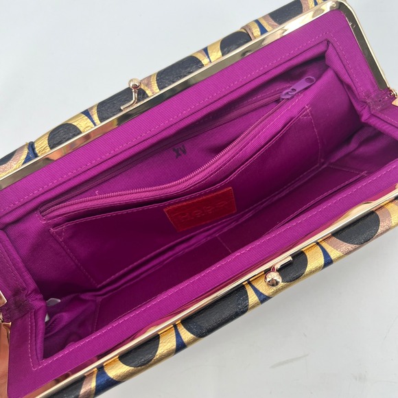 Hobo Kisslock Clutch Envelope Purse Metallic Geometric Circles Leather Modern